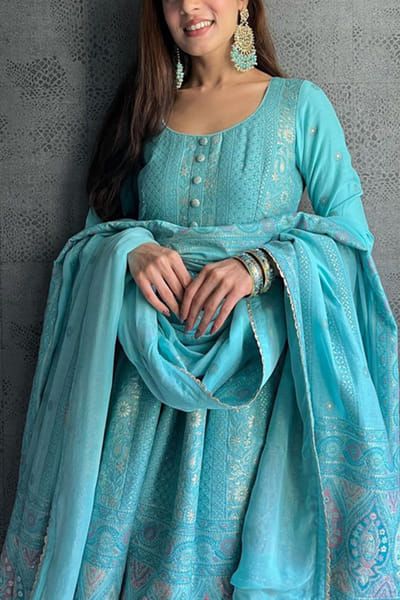 Safaa Aqua blue floral woven anarkali set SAFKB2307
