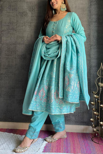 Safaa Aqua blue floral woven anarkali set SAFKB2307