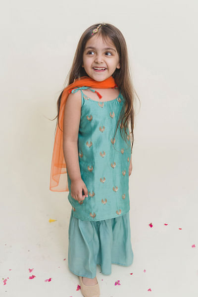 Aqua blue moon crescent embroidery sharara set