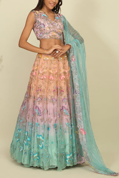 Aqua blue ombre floral detail lehenga set