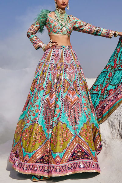 Aqua blue sequin and bead embroidered lehenga set