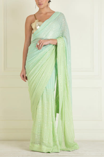 Aqua blue sequinned pre-stitched saree set