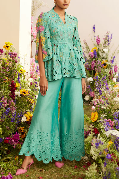Aqua cutwork flared pants