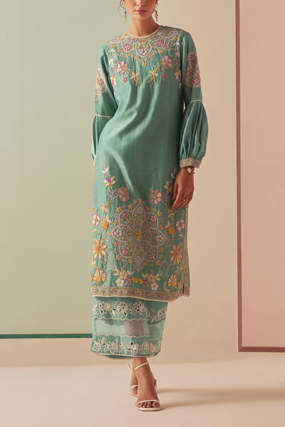 Aqua floral embroidery kurta set