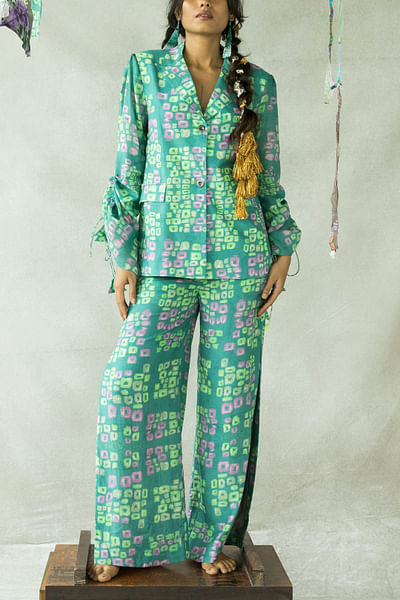 Aqua green artsy print slit trousers