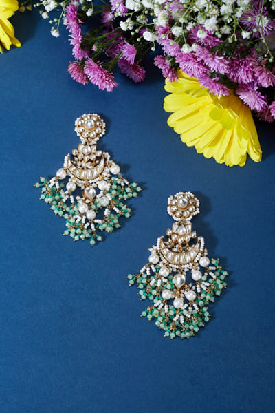 Aqua green kundan chandbalis