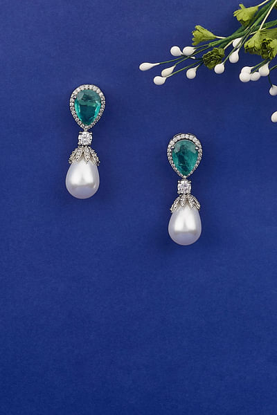 Aqua green stone and diamond embellished drop earrings