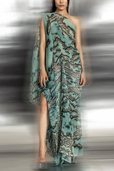 Aqua reef printed one-shoulder asymmetric draped slit dress