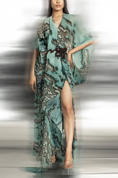 Aqua reef printed textured asymmetric draped dress