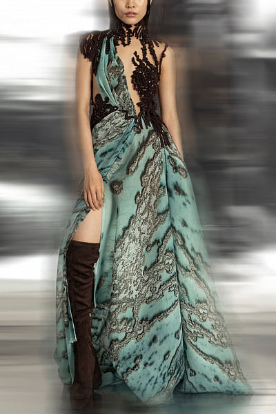 Aqua reef printed textured asymmetric draped slit dress