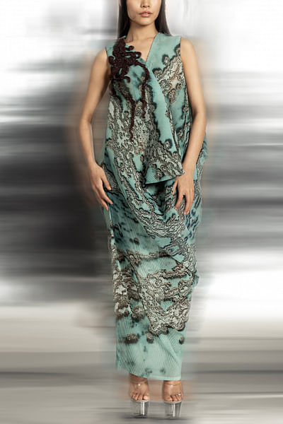 Aqua reef printed textured cowl draped dress
