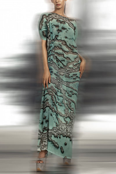 Aqua reef printed textured drop shoulder draped dress
