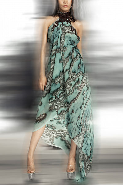 Aqua reef printed textured halter-neck draped dress