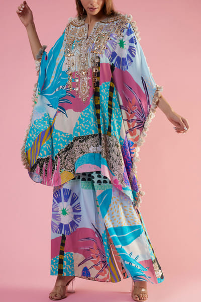 Aqua tropical print kaftan set