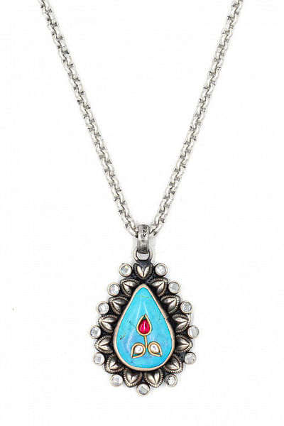 Aqua turquoise stone silver necklace