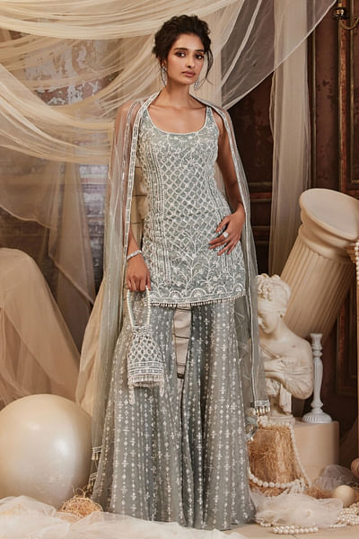 Ash blue sequin embroidered sharara set