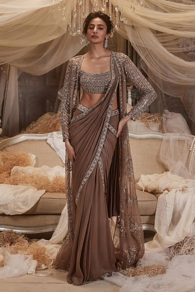 Ash brown embroidered pre-draped sari set
