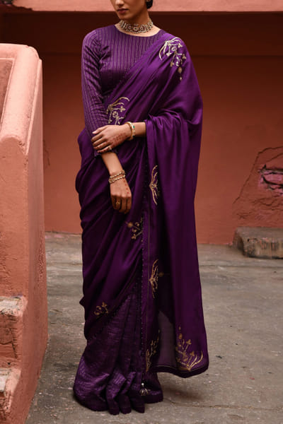 Aubergine embroidered sari set