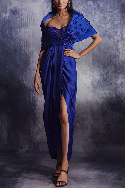 Azure blue cutdana embellished draped gown set