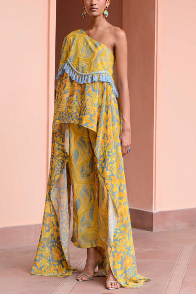 Baby blue and yellow abstract print tunic set