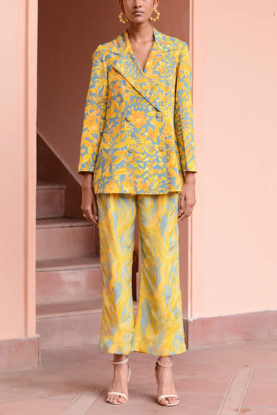 Baby blue and yellow floral print suit pants