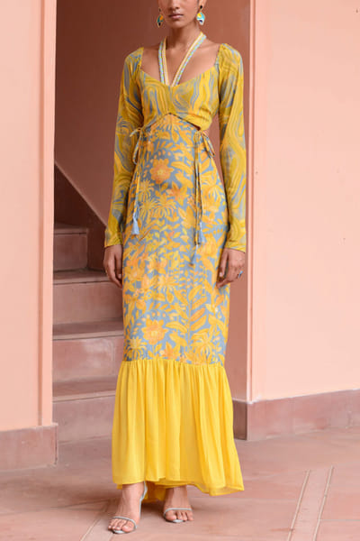 Baby blue and yellow floral printed co-ords