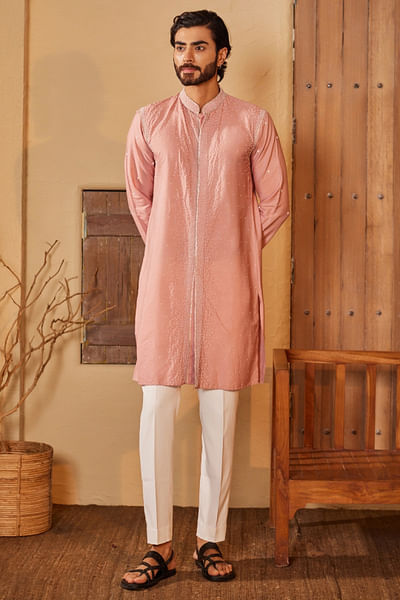Baby pink bead embroidered kurta set