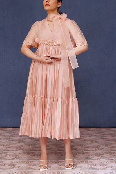 Baby pink chanderi silk tiered dress