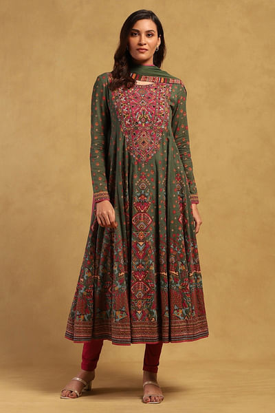 Green aztec printed kurta set