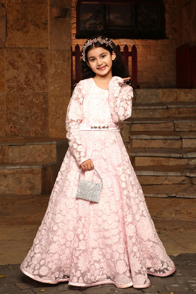 Baby pink feather and pearl work anarkali