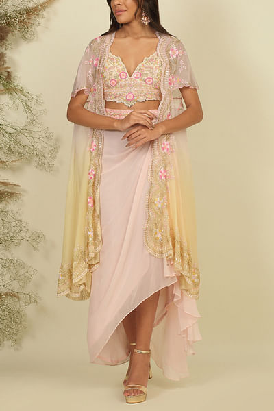 Baby pink floral embroidered cape set
