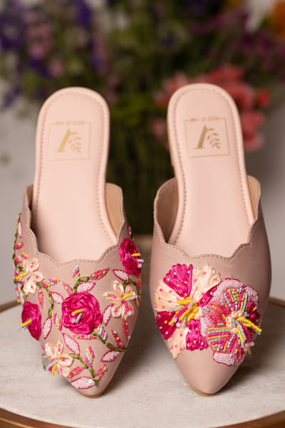 Baby pink floral ribbon embellished mules