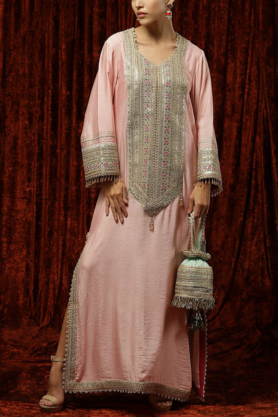 Baby pink gota and dori embroidered kaftan