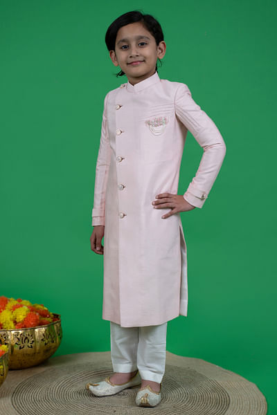Baby pink pearl and sequin embellished pintuck sherwani set