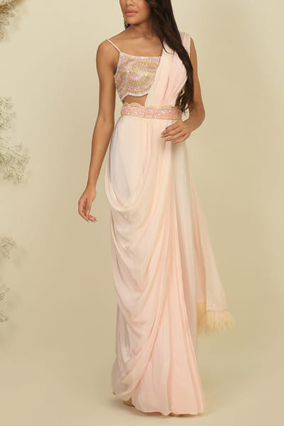 Baby pink pre-stitched draped saree set