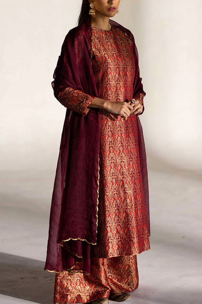 Barn red embroidered kurta and gharara set