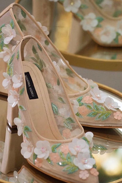 Beige 3D floral embroidery block heels