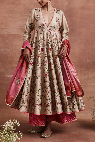 Beige aari and sequin embroidery anarkali set