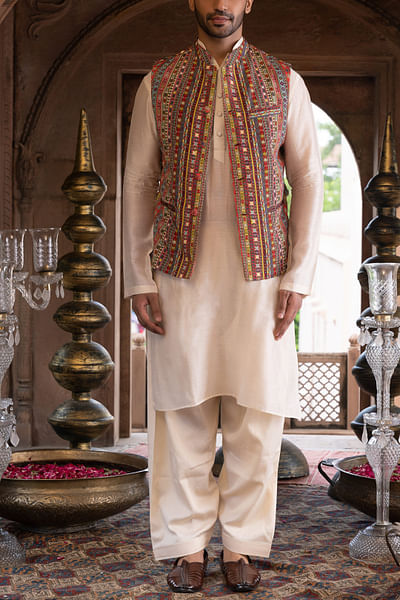 Beige abstract print bandi kurta set