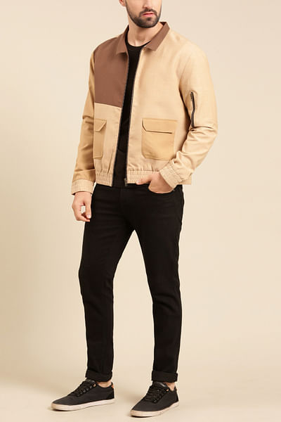 Beige and brown panelled bomber jacket