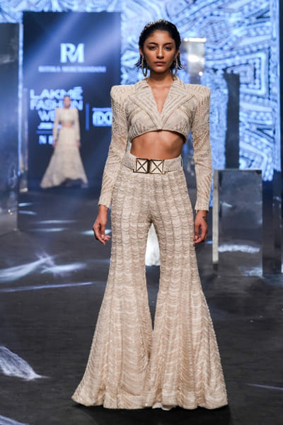 Beige and gold embellished geometric co-ord set