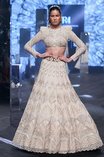 Beige and gold geometric embellished lehenga set
