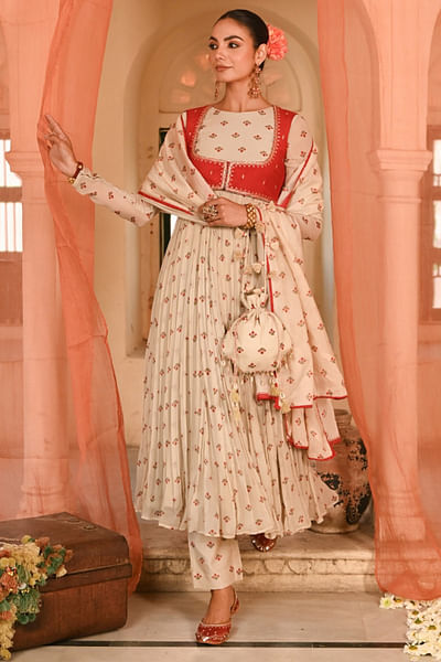 Beige and red floral printed anarkali set