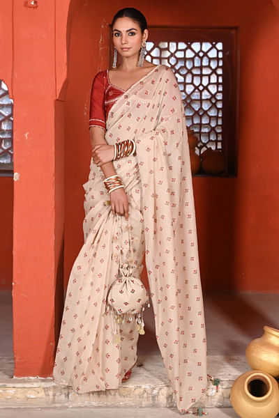 Beige and red floral printed sari set