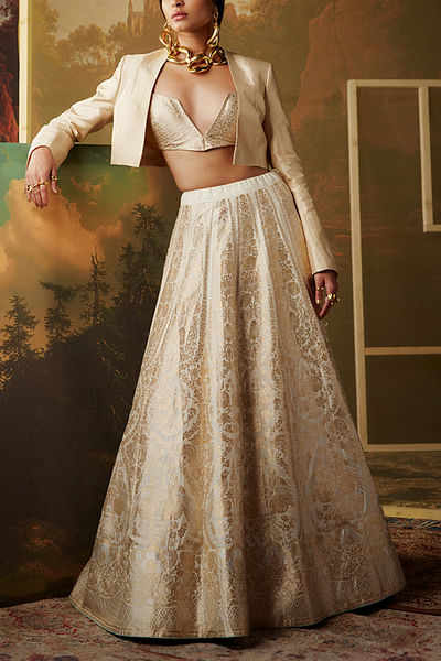 Beige banarasi silk zari lehenga set