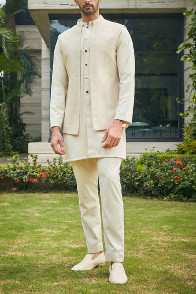 Bohame Beige chikankari embroidery Nehru kurta set BHMAUG23MN17