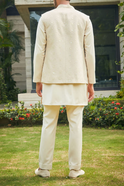 Bohame Beige chikankari embroidery Nehru kurta set BHMAUG23MN17