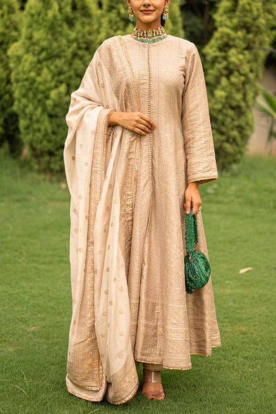 Beige chikankari woven anarkali set
