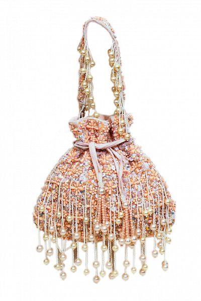 Beige crystal and bead embellished potli bag