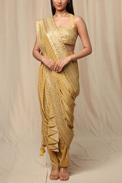 Beige embellished dhoti sari set